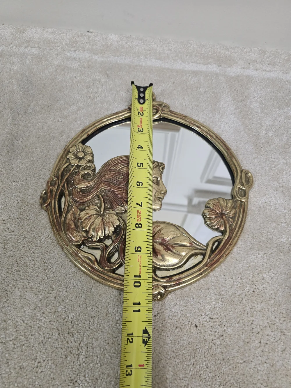 Art Nouveau Gold Decorative Round Wall Mirror with Floral Woman Motif